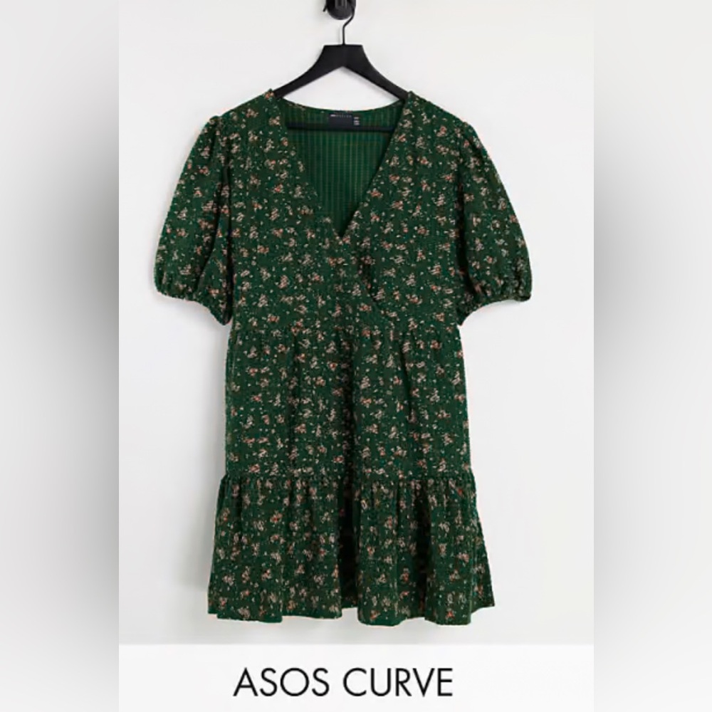 ASOS DESIGN CURVE Textured Mini Wrap Dress With Pep Hem Forest  Floral Size 14